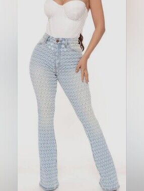 Ap Blue By Aphrodite Jeans Textured Light Wash Flared Eyelet Jeans
